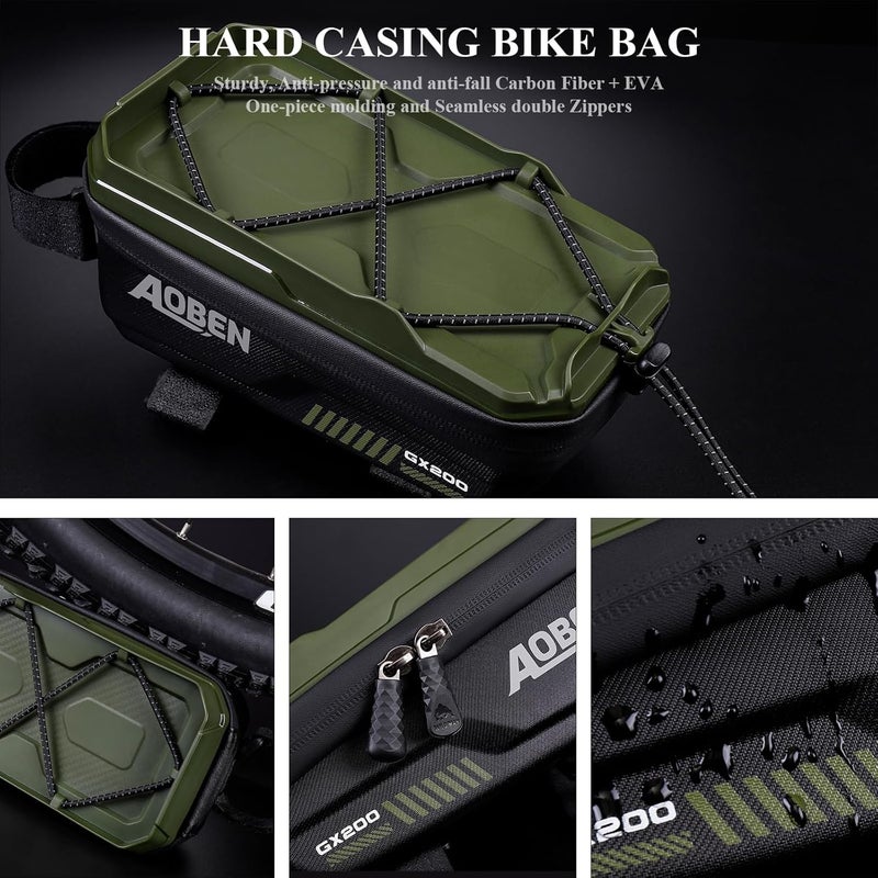 AOBEN Bike Bicycle Phone Front Frame Bag for Mountain Bike Road Bike, EVA Hard Casing Bike Phone Holder Bike Phone Mount for MTB, Bike Bicycle Accessories for Cell Phone Under 6.8 Inches (Army Green) - Image 4